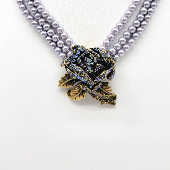 Heidi Daus Tanzanite Swarovski Crystal Rose with Triple Strand Blue Pearls - Picture 5 of 9